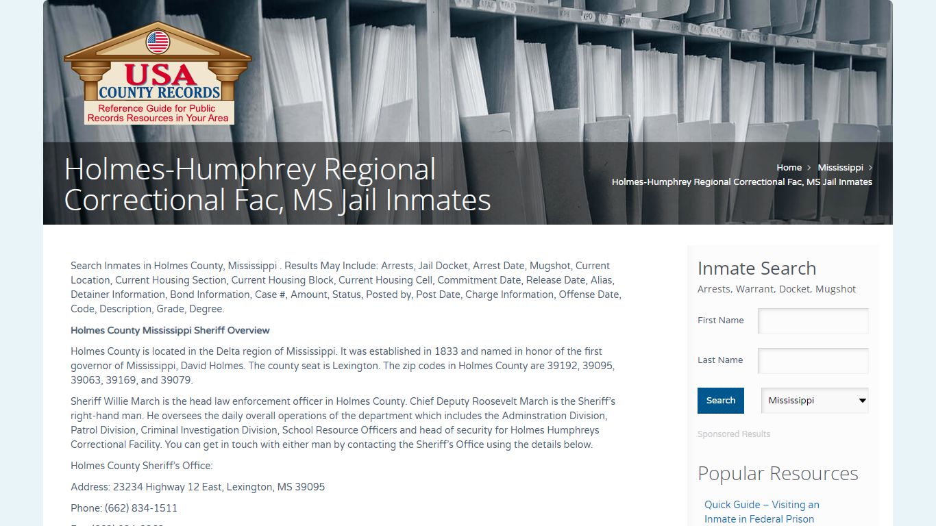 Holmes-Humphrey Regional Correctional Fac, MS Jail Inmates ...